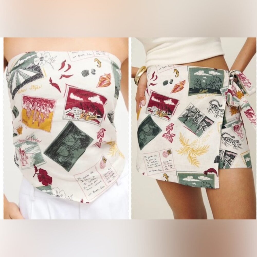 Reformation Printed Linen Vacaciones Dillon Top and Eva Skort Set